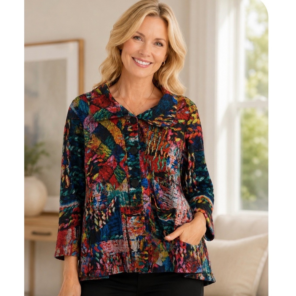 Ali Miles Abstract "Stained Glass" Knit Jacket Art to Wear Lagenlook Women's S